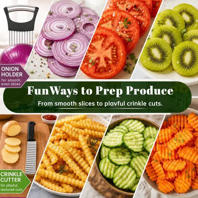 Alt view image 5 of 7 - Onion Holder for Slicing & Crinkle Cutter Knife, 2 Piece Kitchen Prep Tool Set, Stainless Steel Onion Slicer Prongs, Wavy Knife, Potato Cutter for Fries, Tomato, Cucumber, Carrot