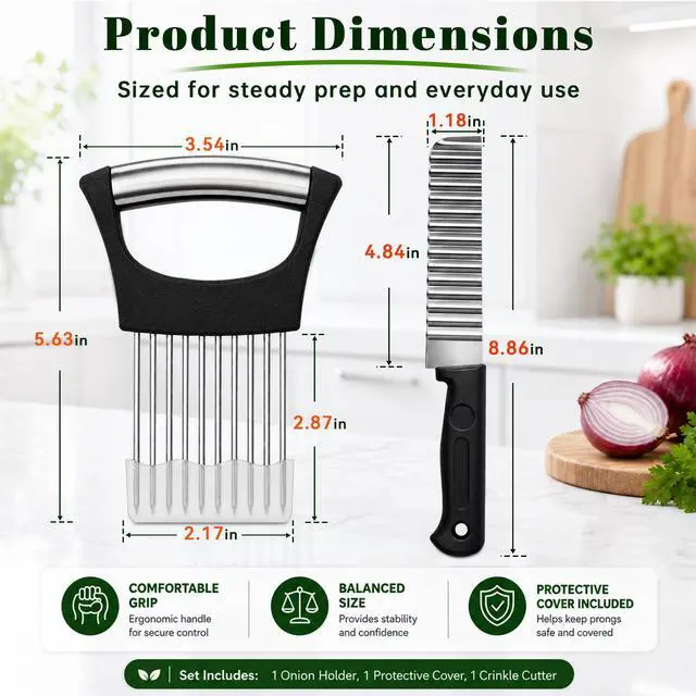 Alt view image 6 of 7 - Onion Holder for Slicing & Crinkle Cutter Knife, 2 Piece Kitchen Prep Tool Set, Stainless Steel Onion Slicer Prongs, Wavy Knife, Potato Cutter for Fries, Tomato, Cucumber, Carrot