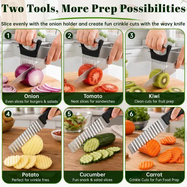 Alt view image 7 of 7 - Onion Holder for Slicing & Crinkle Cutter Knife, 2 Piece Kitchen Prep Tool Set, Stainless Steel Onion Slicer Prongs, Wavy Knife, Potato Cutter for Fries, Tomato, Cucumber, Carrot