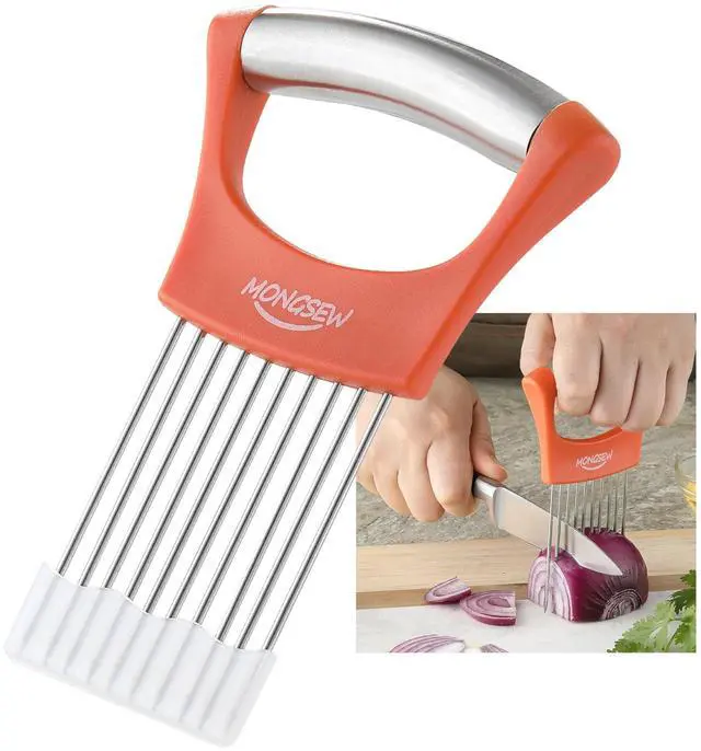 Main image of Onion Slicer Holder, MONGSEW Stainless Steel Onion Cutter for Slicing and Storage of Onions, Avocados, Eggs, Dishwasher Safe, Protective Cover Included (Stylish Orange)