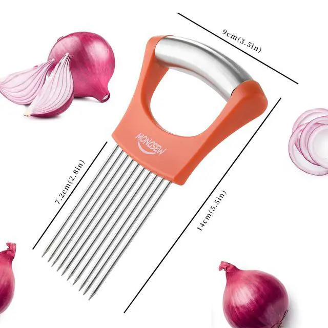 Alt view image 2 of 7 - Onion Slicer Holder, MONGSEW Stainless Steel Onion Cutter for Slicing and Storage of Onions, Avocados, Eggs, Dishwasher Safe, Protective Cover Included (Stylish Orange)