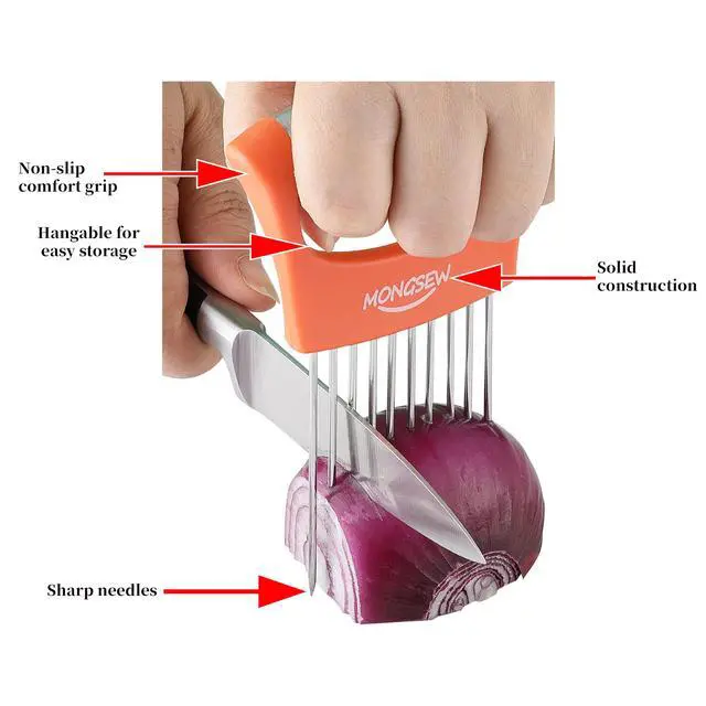 Alt view image 4 of 7 - Onion Slicer Holder, MONGSEW Stainless Steel Onion Cutter for Slicing and Storage of Onions, Avocados, Eggs, Dishwasher Safe, Protective Cover Included (Stylish Orange)