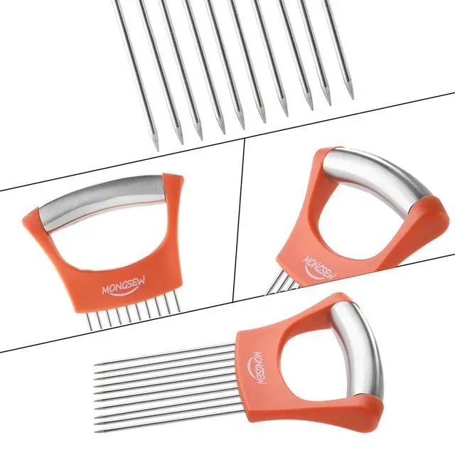 Alt view image 3 of 7 - Onion Slicer Holder, MONGSEW Stainless Steel Onion Cutter for Slicing and Storage of Onions, Avocados, Eggs, Dishwasher Safe, Protective Cover Included (Stylish Orange)
