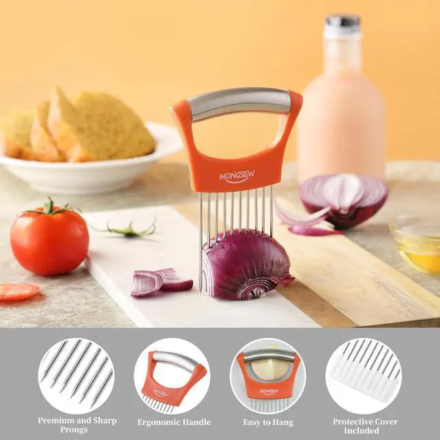 Alt view image 5 of 7 - Onion Slicer Holder, MONGSEW Stainless Steel Onion Cutter for Slicing and Storage of Onions, Avocados, Eggs, Dishwasher Safe, Protective Cover Included (Stylish Orange)