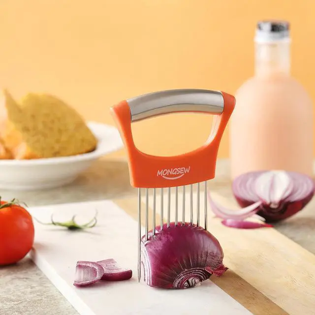 Alt view image 7 of 7 - Onion Slicer Holder, MONGSEW Stainless Steel Onion Cutter for Slicing and Storage of Onions, Avocados, Eggs, Dishwasher Safe, Protective Cover Included (Stylish Orange)