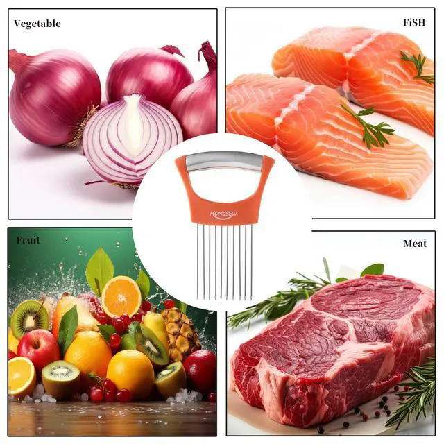 Alt view image 6 of 7 - Onion Slicer Holder, MONGSEW Stainless Steel Onion Cutter for Slicing and Storage of Onions, Avocados, Eggs, Dishwasher Safe, Protective Cover Included (Stylish Orange)