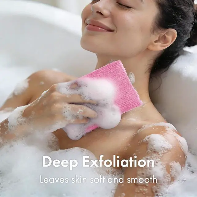 Alt view image 2 of 7 - Exfoliating Washcloth Body Scrubber, 36.81-Inch Quick-Dry Exfoliating Towel, Japanese Loofah Back Scrubber Towel for Women Men (Blue & Rose Red & Yellow, Pack of 3)