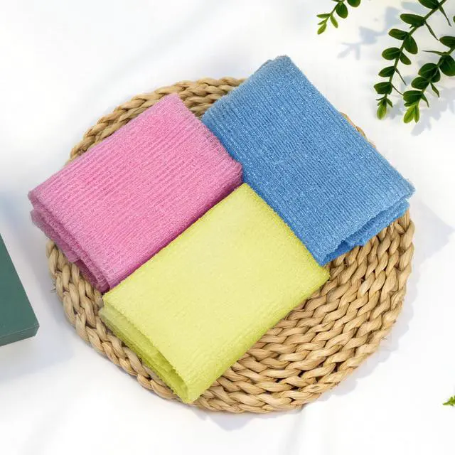 Alt view image 7 of 7 - Exfoliating Washcloth Body Scrubber, 36.81-Inch Quick-Dry Exfoliating Towel, Japanese Loofah Back Scrubber Towel for Women Men (Blue & Rose Red & Yellow, Pack of 3)