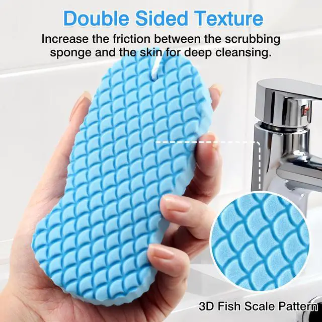 Alt view image 3 of 7 - 4-Pack Exfoliating Bath Sponges Super Soft Shower Sponge Set for Adults & Kids, Gentle Dead Skin Remover, Assorted Colors (Pink, Blue, White, Gray)