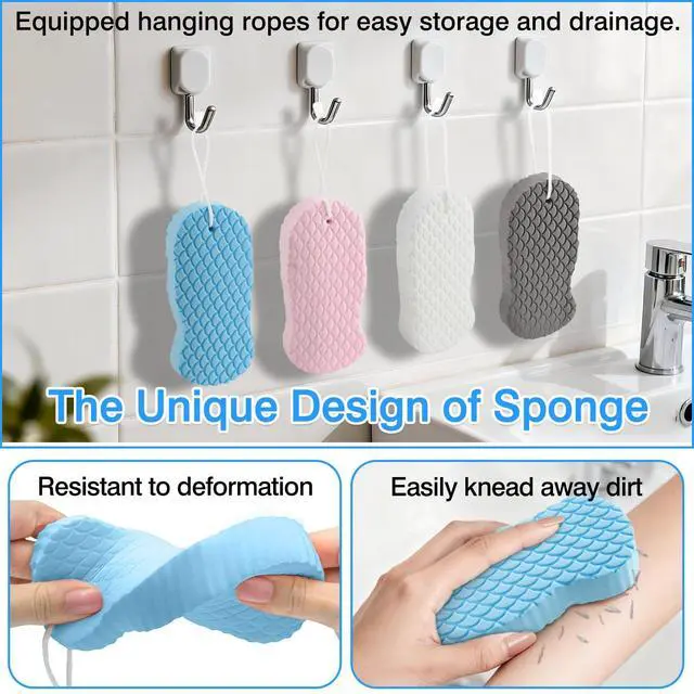 Alt view image 5 of 7 - 4-Pack Exfoliating Bath Sponges Super Soft Shower Sponge Set for Adults & Kids, Gentle Dead Skin Remover, Assorted Colors (Pink, Blue, White, Gray)