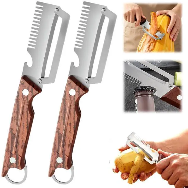 Main image of 2 Pcs 3-in-1 Multifunctional Vegetable Peele, New Stainless Steel Thickened Fruit Peeler with Wooden Handle, Kitchen Peeler for Potato, Carrot