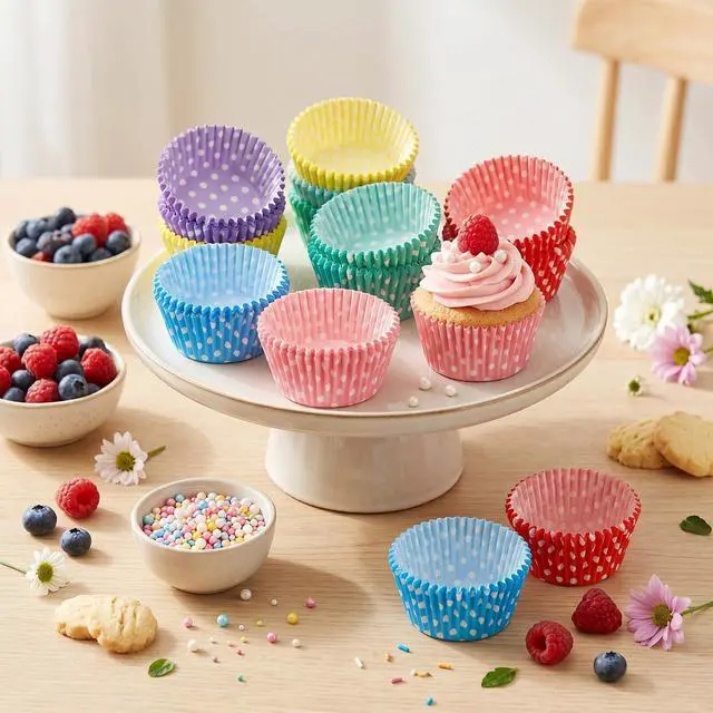 Alt view image 2 of 7 - 100 Pcs Rainbow Mini Cupcake Liners Standard Size Muffin Liners Cute Polka Dots Paper Baking Cups Grease Proof Baking-Cups Paper Christmas Cupcake Liner for Wedding Birthday Tea Party Baking Supply