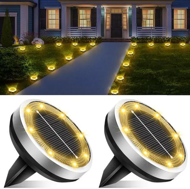Main image of Solar Lights Outdoor Waterproof, 2 Pack 8 LED, Thickened Stainless Steel Ground Light, Solar Garden Lights Landscape Lighting for Patio Pathway Lawn Yard Deck Driveway Walkway, Warm White