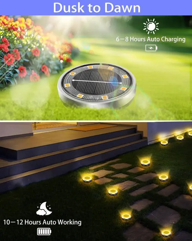 Alt view image 4 of 7 - Solar Lights Outdoor Waterproof, 2 Pack 8 LED, Thickened Stainless Steel Ground Light, Solar Garden Lights Landscape Lighting for Patio Pathway Lawn Yard Deck Driveway Walkway, Warm White