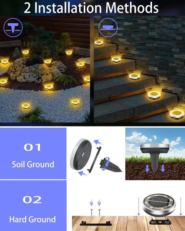 Alt view image 5 of 7 - Solar Lights Outdoor Waterproof, 2 Pack 8 LED, Thickened Stainless Steel Ground Light, Solar Garden Lights Landscape Lighting for Patio Pathway Lawn Yard Deck Driveway Walkway, Warm White