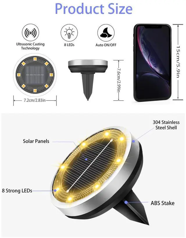 Alt view image 6 of 7 - Solar Lights Outdoor Waterproof, 2 Pack 8 LED, Thickened Stainless Steel Ground Light, Solar Garden Lights Landscape Lighting for Patio Pathway Lawn Yard Deck Driveway Walkway, Warm White
