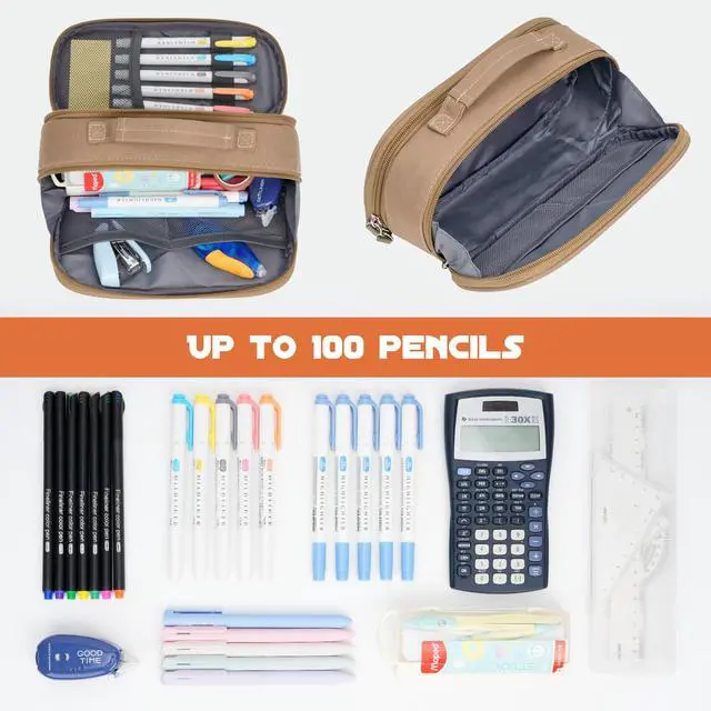 Alt view image 3 of 6 - Large Tactical Pencil Case, 3-Compartment Pen Pouch Organizer, Khaki