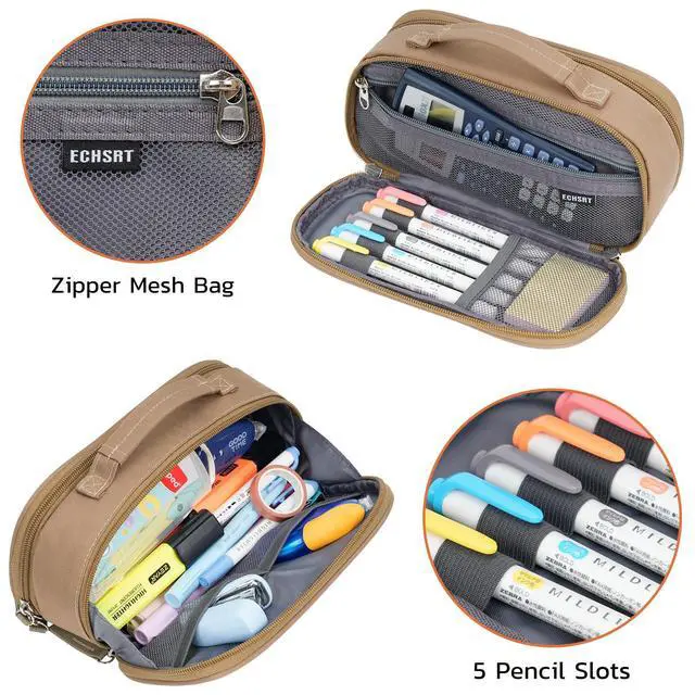 Alt view image 4 of 6 - Large Tactical Pencil Case, 3-Compartment Pen Pouch Organizer, Khaki