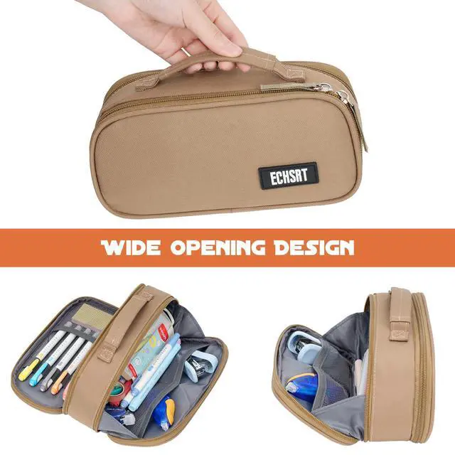 Alt view image 6 of 6 - Large Tactical Pencil Case, 3-Compartment Pen Pouch Organizer, Khaki