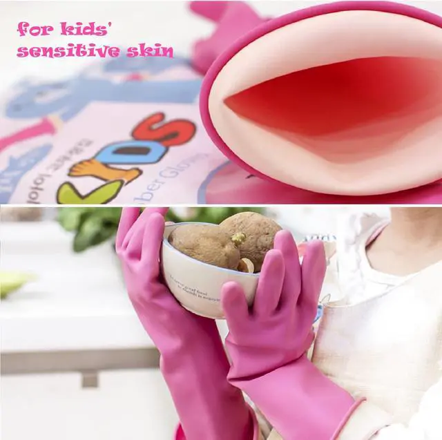 Alt view image 2 of 7 - Kids Reusable Waterproof Rubber Gloves, 100% Latex, Ideal for Cooking, Dishwashing, Cleaning, Painting, Pet Care, Crafts