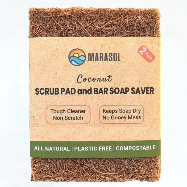 Main image of Soap Saver and Scrub Pad (2) | Coconut Fiber - Compostable | Plastic Free - Zero Waste | Bar Soap Holder | Tough Non-Scratch Scour Pad | Vegetable Brush | 2-Pack