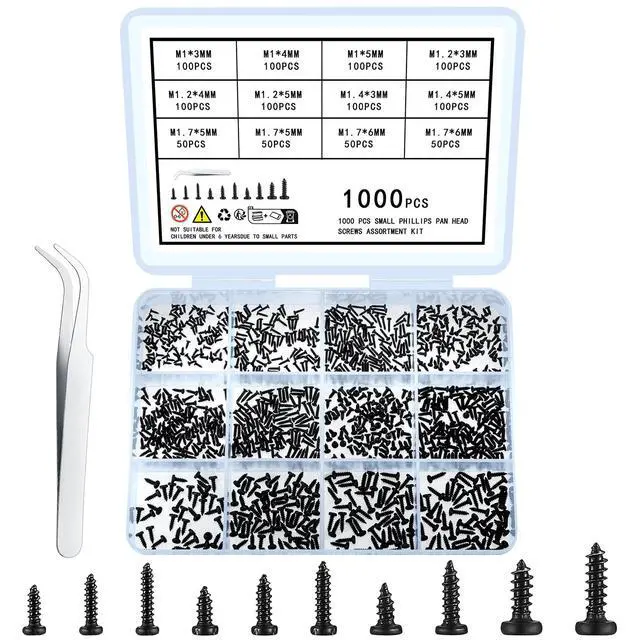 Main image of 1000 Pcs Small Pan Head Screws Assortment Kit, Micro Tiny Electronic Self-Tapping Machine Screws for Glasses Watches Phone Electronic Repair