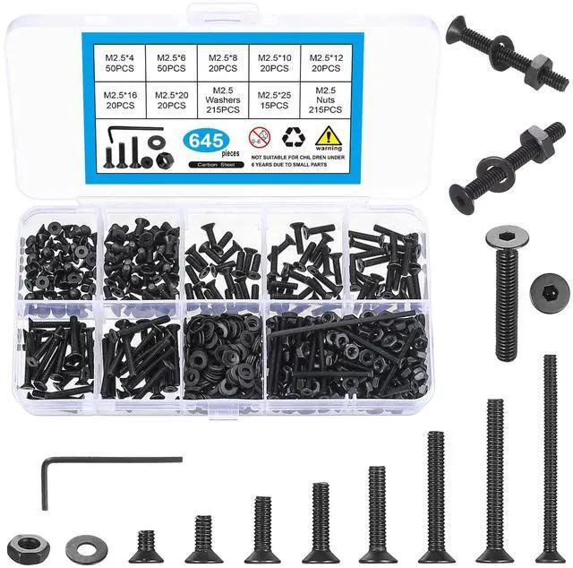 Main image of 645 Pcs M2.5 Metric Screw Assortment, Countersunk Machine Screw Assortment Kit, Flat Head Hex Socket Cap Screws Set, Black Countersunk Bolts and Nuts Set with Washers & Wrench