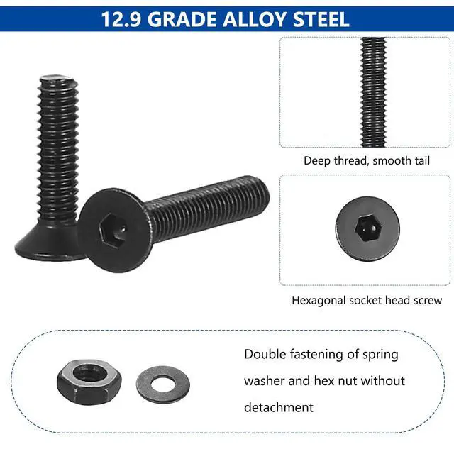 Alt view image 5 of 7 - 645 Pcs M2.5 Metric Screw Assortment, Countersunk Machine Screw Assortment Kit, Flat Head Hex Socket Cap Screws Set, Black Countersunk Bolts and Nuts Set with Washers & Wrench