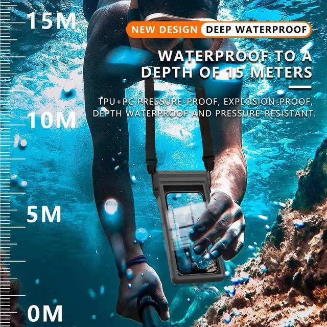 Alt view image 2 of 7 - Phone Case, IP68 Waterproof Diving Housing for iPhone 17/16/15/14/13/12/11 Pro Max Samsung Galaxy S24/S23/S22, Touchscreen Full Protection, 33ft Snorkeling (Black, QSD)