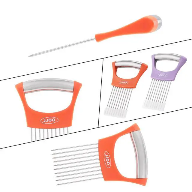 Alt view image 4 of 7 - 2PCS Onion Slicer Holder, Stainless Steel Onion Cutter for Slicing and Storage Onions, Tomato, Eggs and Vegetables, Protective Cover Included, Dishwasher Safe (Stylish orange+ Purple Color)
