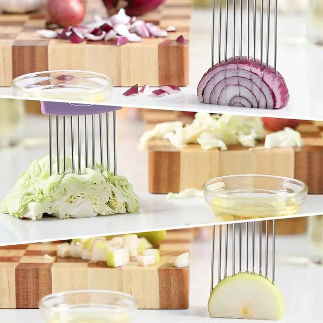 Alt view image 3 of 7 - 2PCS Onion Slicer Holder, Stainless Steel Onion Cutter for Slicing and Storage Onions, Tomato, Eggs and Vegetables, Protective Cover Included, Dishwasher Safe (Stylish orange+ Purple Color)