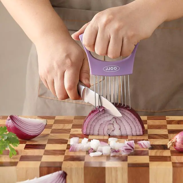 Alt view image 6 of 7 - 2PCS Onion Slicer Holder, Stainless Steel Onion Cutter for Slicing and Storage Onions, Tomato, Eggs and Vegetables, Protective Cover Included, Dishwasher Safe (Stylish orange+ Purple Color)