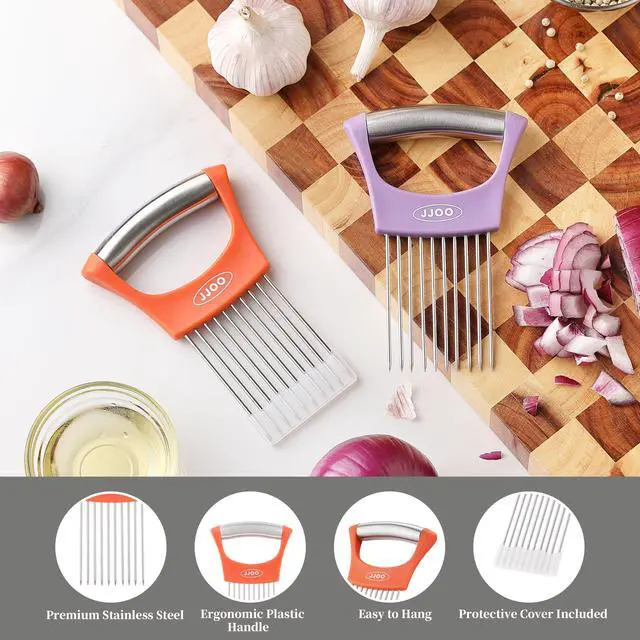 Alt view image 5 of 7 - 2PCS Onion Slicer Holder, Stainless Steel Onion Cutter for Slicing and Storage Onions, Tomato, Eggs and Vegetables, Protective Cover Included, Dishwasher Safe (Stylish orange+ Purple Color)
