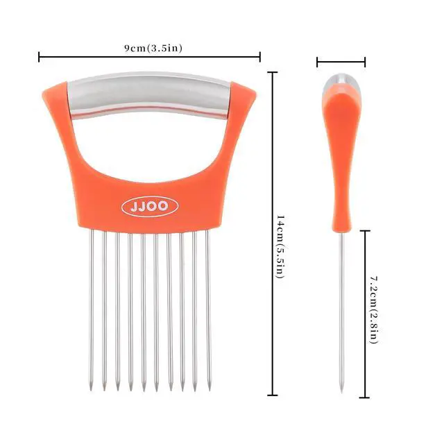Alt view image 2 of 7 - 2PCS Onion Slicer Holder, Stainless Steel Onion Cutter for Slicing and Storage Onions, Tomato, Eggs and Vegetables, Protective Cover Included, Dishwasher Safe (Stylish orange+ Purple Color)