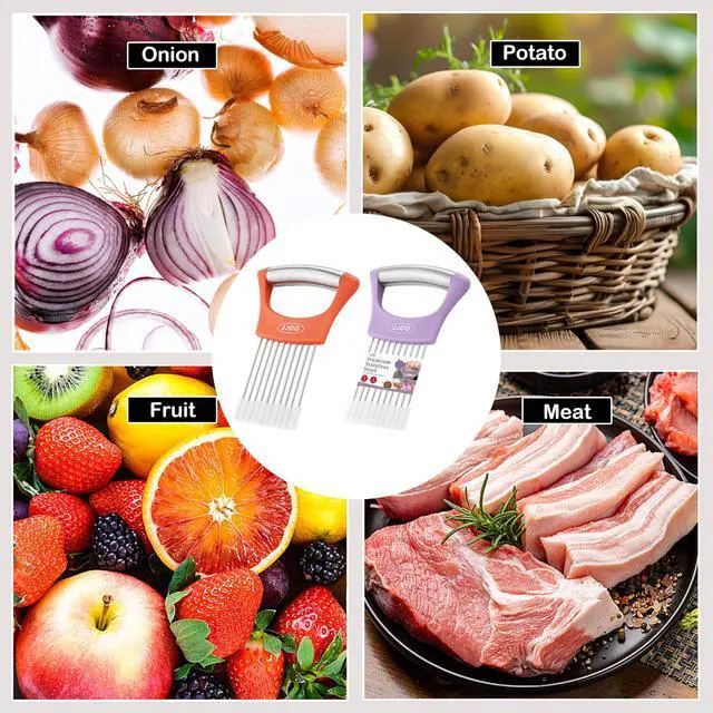 Alt view image 7 of 7 - 2PCS Onion Slicer Holder, Stainless Steel Onion Cutter for Slicing and Storage Onions, Tomato, Eggs and Vegetables, Protective Cover Included, Dishwasher Safe (Stylish orange+ Purple Color)