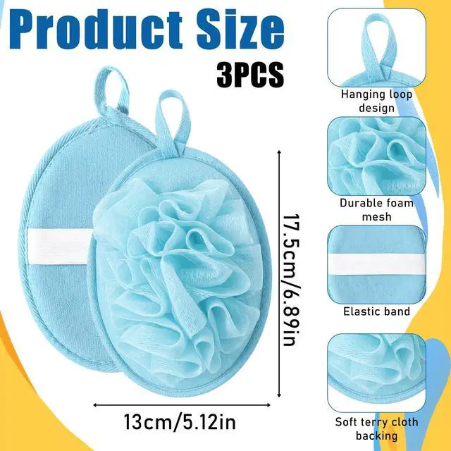 Alt view image 2 of 7 - 3 Pcs Loofah Sponge Shower Loofahs Travel Bath Sponge Mesh Balls Mini Loofah Travel Size with Elastic Hand Strap for Women Men Body Scrubber Wash Back Scrubber(Pink, Blue,Beige)