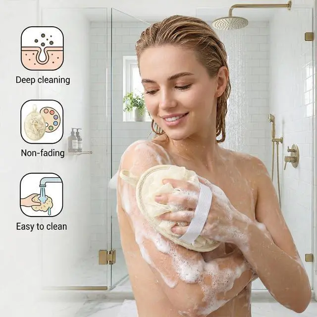 Alt view image 3 of 7 - 3 Pcs Loofah Sponge Shower Loofahs Travel Bath Sponge Mesh Balls Mini Loofah Travel Size with Elastic Hand Strap for Women Men Body Scrubber Wash Back Scrubber(Pink, Blue,Beige)
