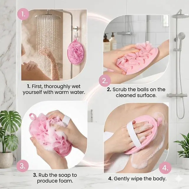 Alt view image 4 of 7 - 3 Pcs Loofah Sponge Shower Loofahs Travel Bath Sponge Mesh Balls Mini Loofah Travel Size with Elastic Hand Strap for Women Men Body Scrubber Wash Back Scrubber(Pink, Blue,Beige)