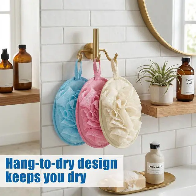 Alt view image 5 of 7 - 3 Pcs Loofah Sponge Shower Loofahs Travel Bath Sponge Mesh Balls Mini Loofah Travel Size with Elastic Hand Strap for Women Men Body Scrubber Wash Back Scrubber(Pink, Blue,Beige)