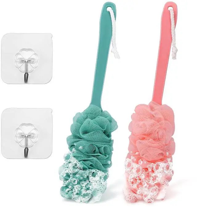 Main image of 2Pack Back Scrubber for Shower Loofah with Long Handle, Shower Brush for Body, 17 Loofah on a Stick for Men Women Bathing Accessories, Scrubber Sponge for Exfoliating Bath Brushes (Pink & Green)