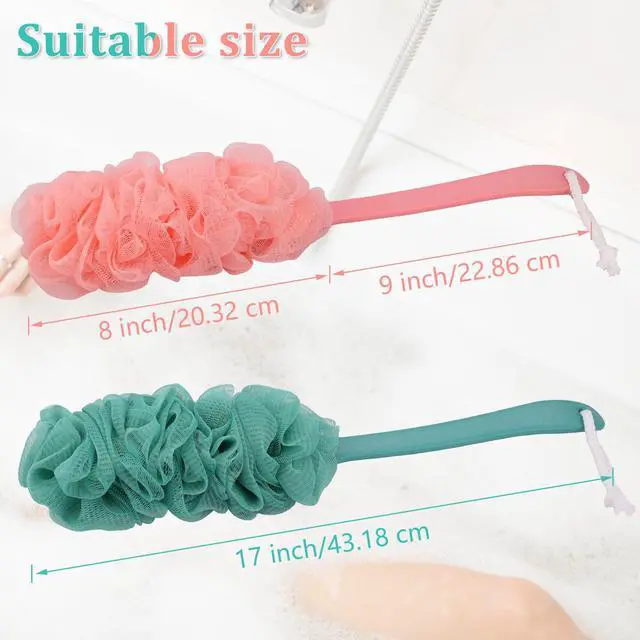 Alt view image 2 of 7 - 2Pack Back Scrubber for Shower Loofah with Long Handle, Shower Brush for Body, 17 Loofah on a Stick for Men Women Bathing Accessories, Scrubber Sponge for Exfoliating Bath Brushes (Pink & Green)
