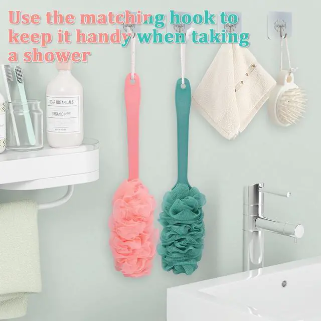 Alt view image 5 of 7 - 2Pack Back Scrubber for Shower Loofah with Long Handle, Shower Brush for Body, 17 Loofah on a Stick for Men Women Bathing Accessories, Scrubber Sponge for Exfoliating Bath Brushes (Pink & Green)