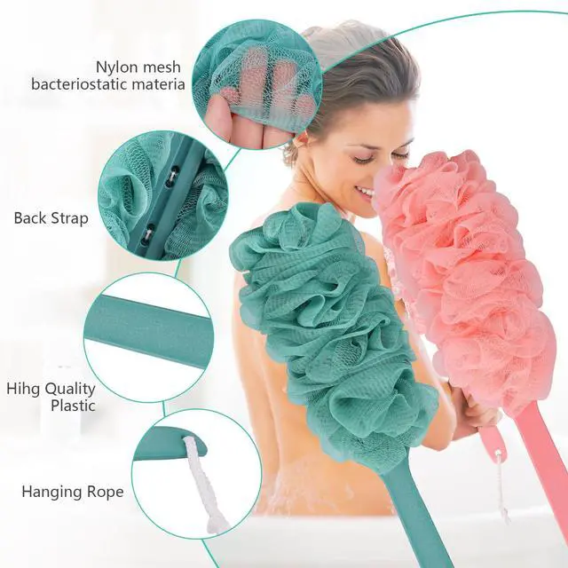 Alt view image 6 of 7 - 2Pack Back Scrubber for Shower Loofah with Long Handle, Shower Brush for Body, 17 Loofah on a Stick for Men Women Bathing Accessories, Scrubber Sponge for Exfoliating Bath Brushes (Pink & Green)