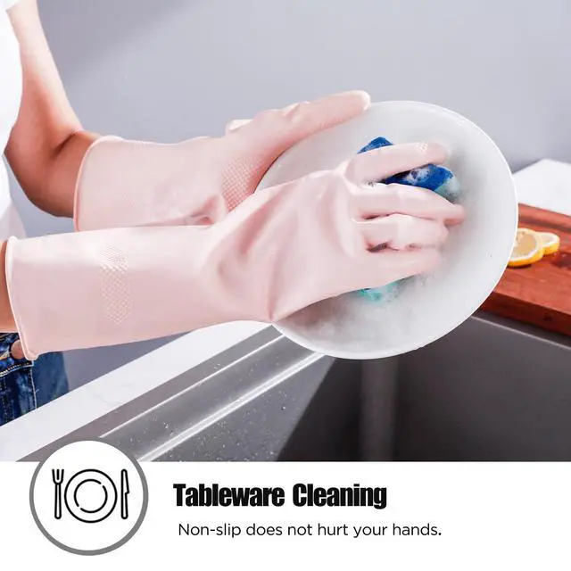 Alt view image 4 of 7 - Rubber Gloves for Household, 2 Pairs - Dishwashing Gloves for Kitchen, Reusable (L, Pink)