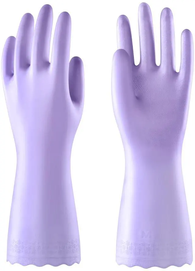 Main image of Skin-Friendly Flocked Cotton Liner Cleaning Gloves Medium, Reusable Dishwashing Gloves for Washing Dishes, Kitchen, Shimmering Pink