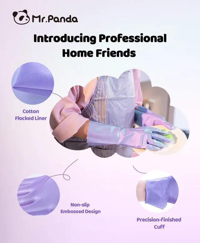 Alt view image 2 of 6 - Skin-Friendly Flocked Cotton Liner Cleaning Gloves Medium, Reusable Dishwashing Gloves for Washing Dishes, Kitchen, Shimmering Pink