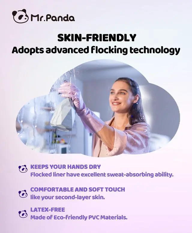 Alt view image 3 of 6 - Skin-Friendly Flocked Cotton Liner Cleaning Gloves Medium, Reusable Dishwashing Gloves for Washing Dishes, Kitchen, Shimmering Pink