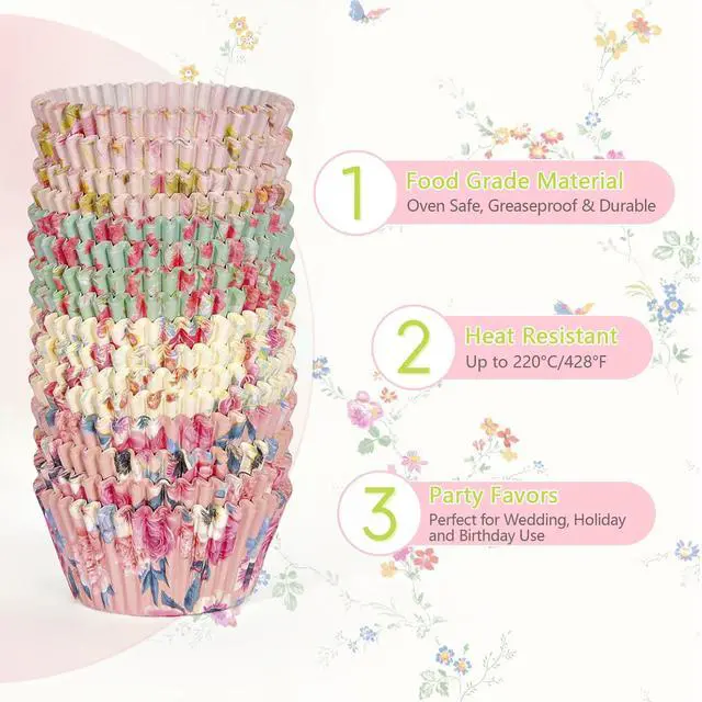 Alt view image 3 of 6 - Standard Cupcake Liners 100 Pack, Colorful Paper Baking Cups Food Grade Disposable Cupcake Wrappers Floral Muffin Liners for Birthday Tea Themed Party Decor (Floral-4)
