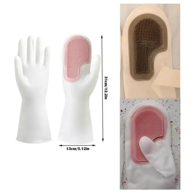 Alt view image 2 of 7 - 2 Pair Dishwashing Gloves with Scrubbing Bristles Dishes Washing Glove Brush Scrapper for Household Cleaning Kitchen Bathroom Car Garden