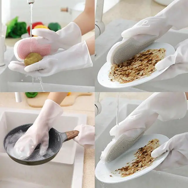Alt view image 4 of 7 - 2 Pair Dishwashing Gloves with Scrubbing Bristles Dishes Washing Glove Brush Scrapper for Household Cleaning Kitchen Bathroom Car Garden